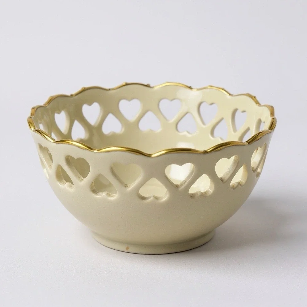 Lenox China Heart Collection 24K  Gold Trim Pierced Bowl with an Embossed Rose